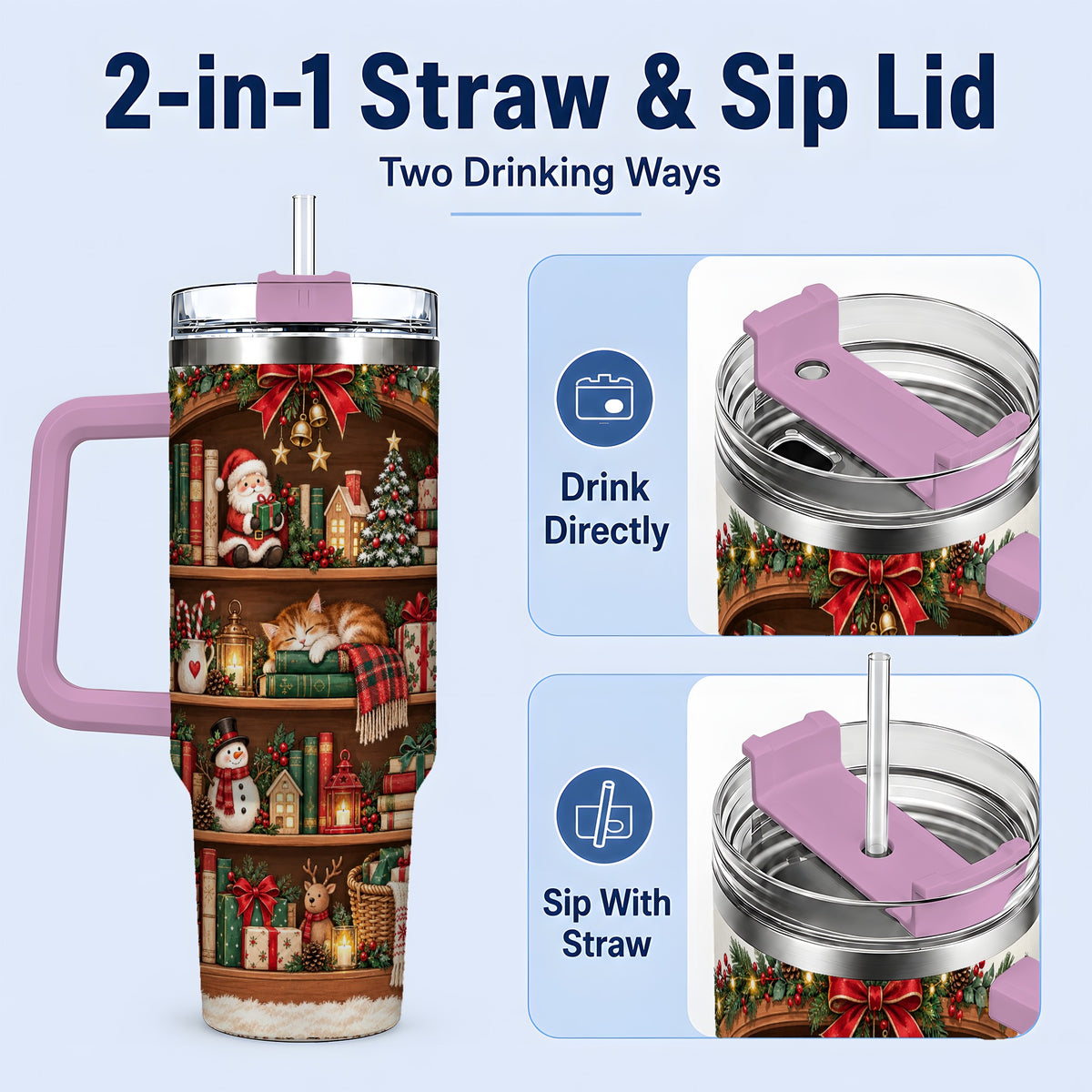 #pl[40oz|Pink] Christmas Bookshelf Tumbler, 40oz Tumbler with Festive Library Artwork