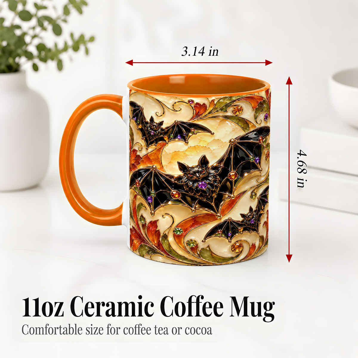 #pl[11oz|Orange] Autumn Bat Ceramic Mug, Gothic Fall Vine Artwork for Bat Lovers