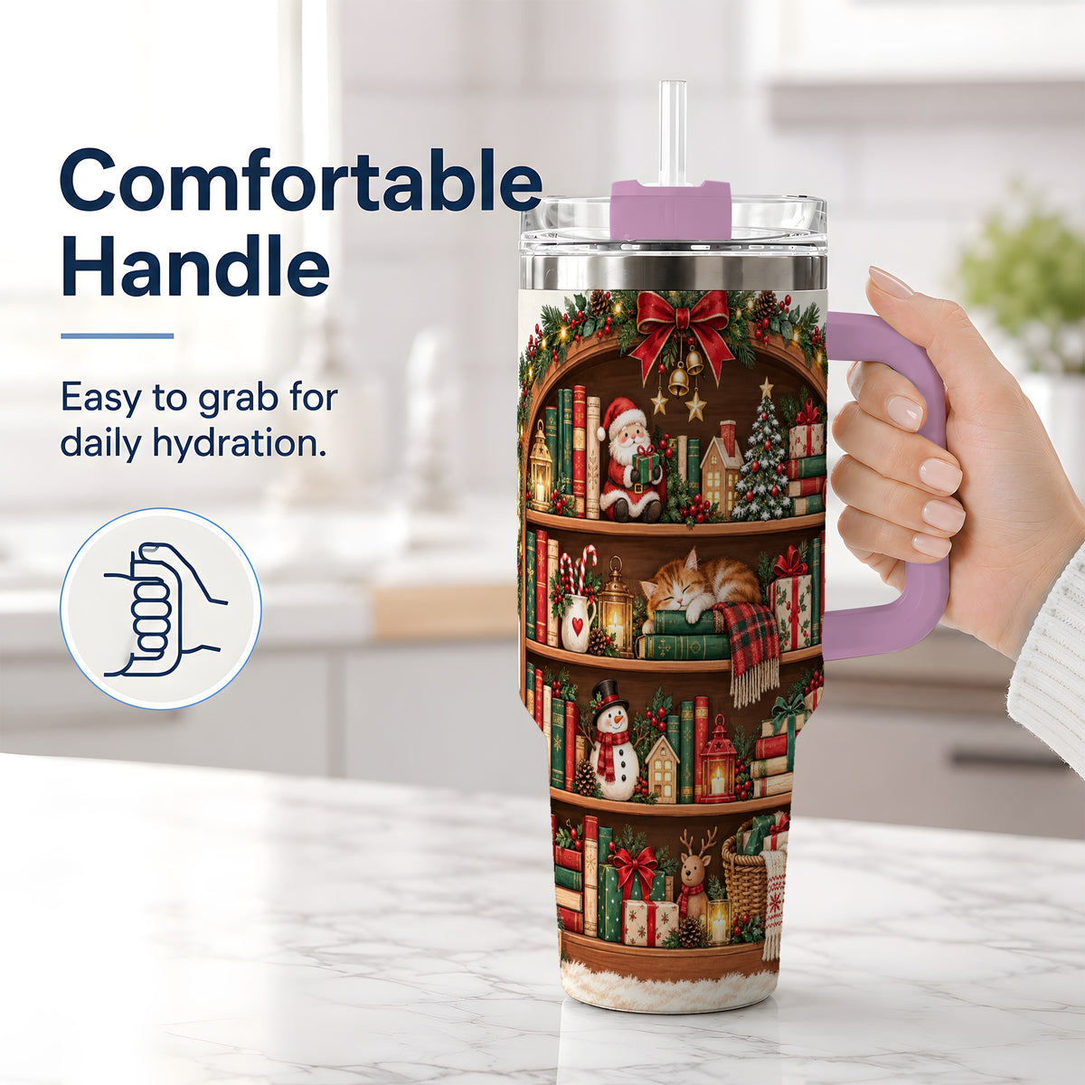 #pl[40oz|Pink] Christmas Bookshelf Tumbler, 40oz Tumbler with Festive Library Artwork