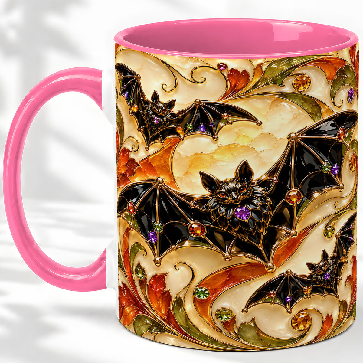 #pl[11oz|Pink] Autumn Bat Ceramic Mug, Gothic Fall Vine Artwork for Bat Lovers