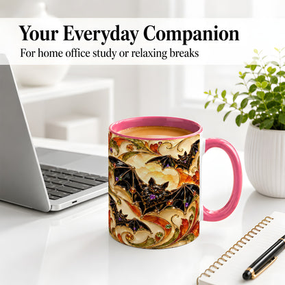 #pl[11oz|Pink] Autumn Bat Ceramic Mug, Gothic Fall Vine Artwork for Bat Lovers