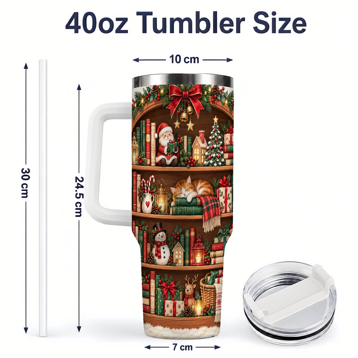 #pl[40oz|White] Christmas Bookshelf Tumbler, 40oz Tumbler with Festive Library Artwork
