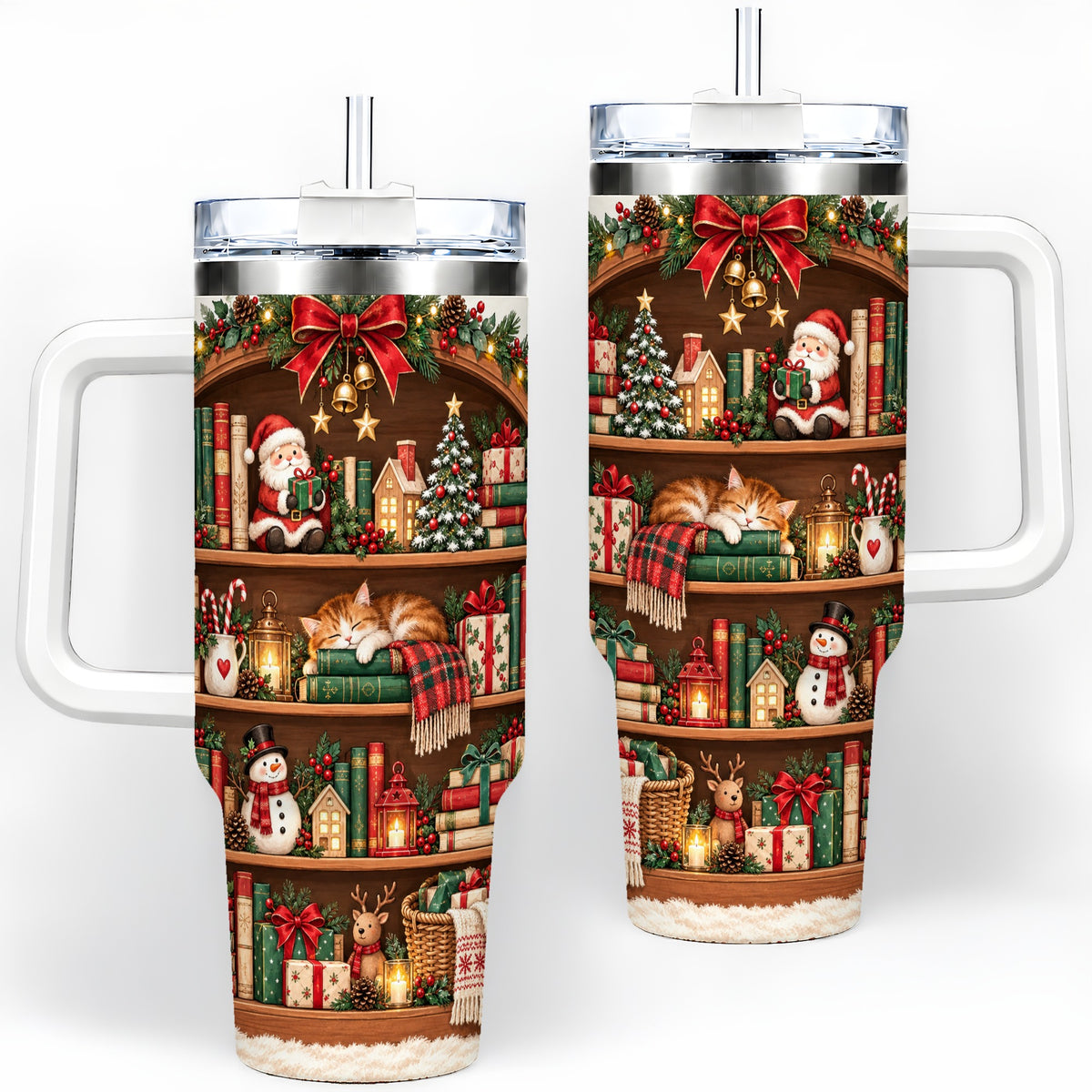 Christmas Bookshelf Tumbler, 40oz Tumbler with Festive Library Artwork