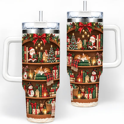 Christmas Bookshelf Tumbler, 40oz Tumbler with Festive Library Artwork