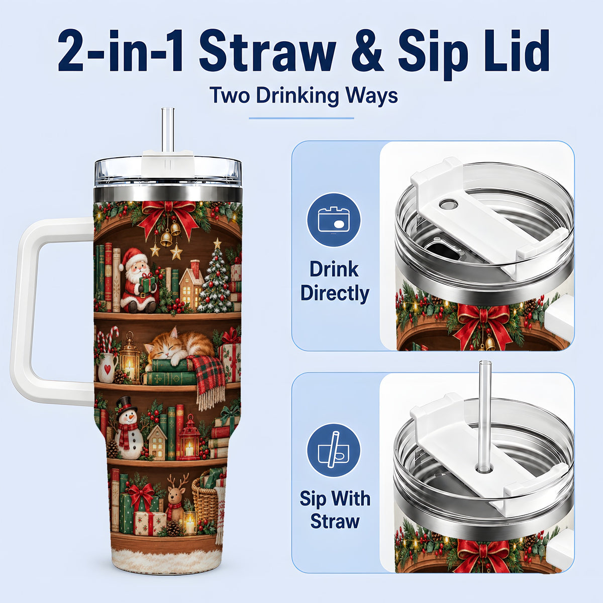 #pl[40oz|White] Christmas Bookshelf Tumbler, 40oz Tumbler with Festive Library Artwork