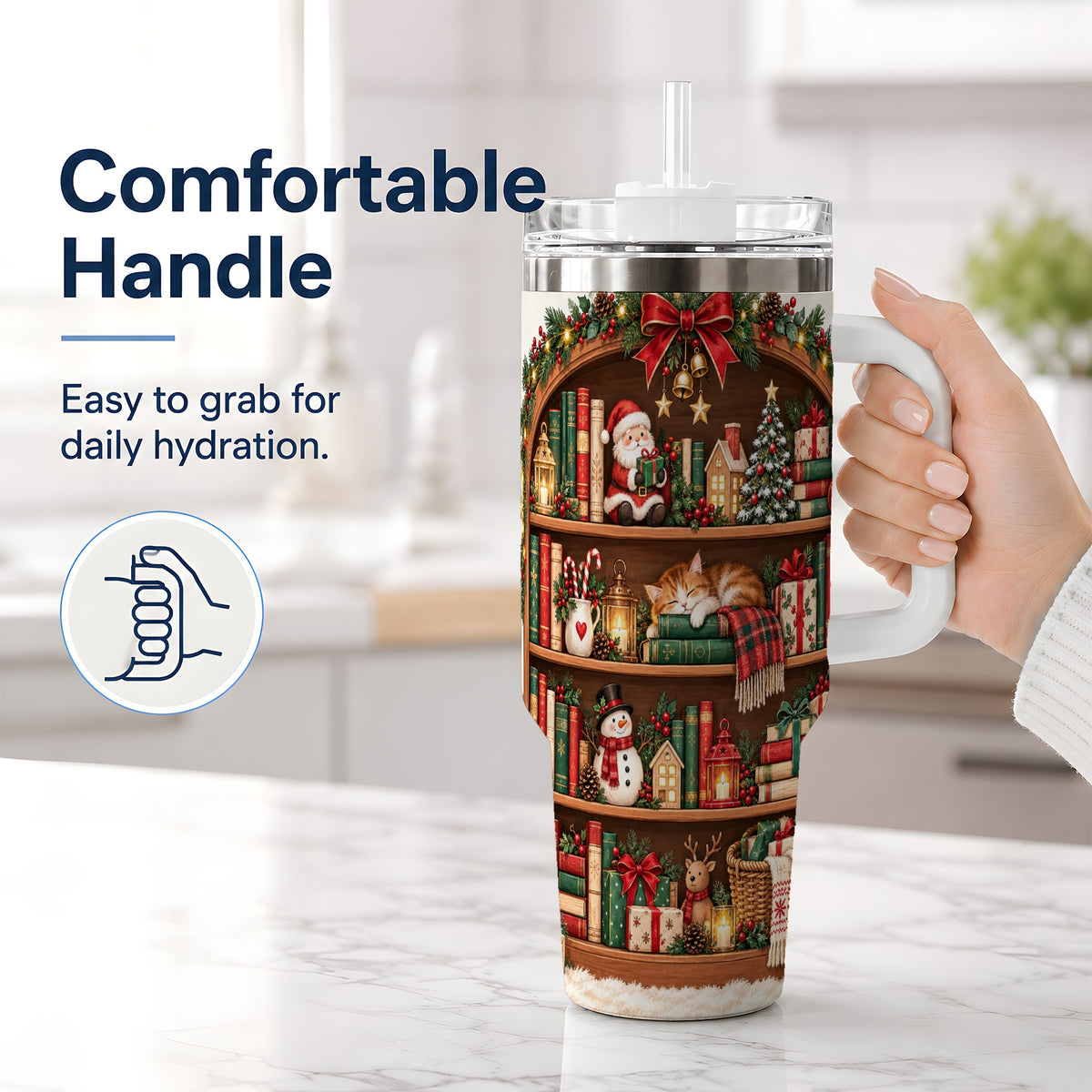 #pl[40oz|White] Christmas Bookshelf Tumbler, 40oz Tumbler with Festive Library Artwork