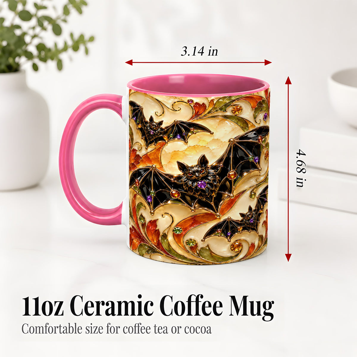 #pl[11oz|Pink] Autumn Bat Ceramic Mug, Gothic Fall Vine Artwork for Bat Lovers