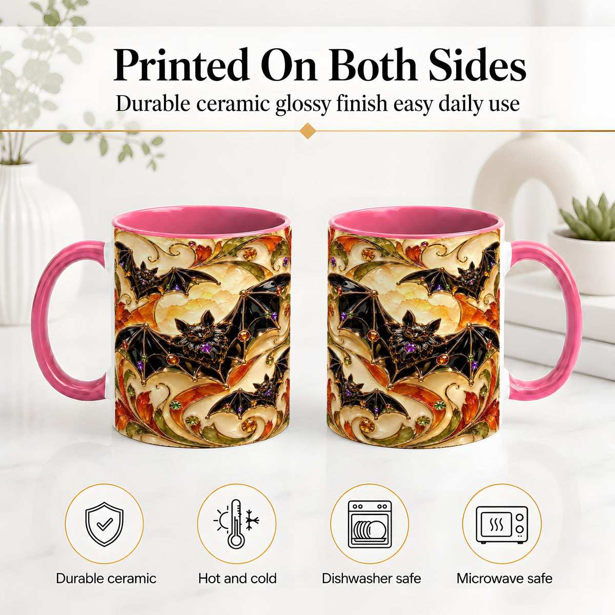 #pl[11oz|Pink] Autumn Bat Ceramic Mug, Gothic Fall Vine Artwork for Bat Lovers