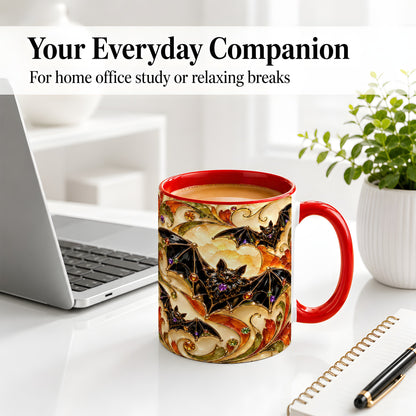 #pl[11oz|Red] Autumn Bat Ceramic Mug, Gothic Fall Vine Artwork for Bat Lovers