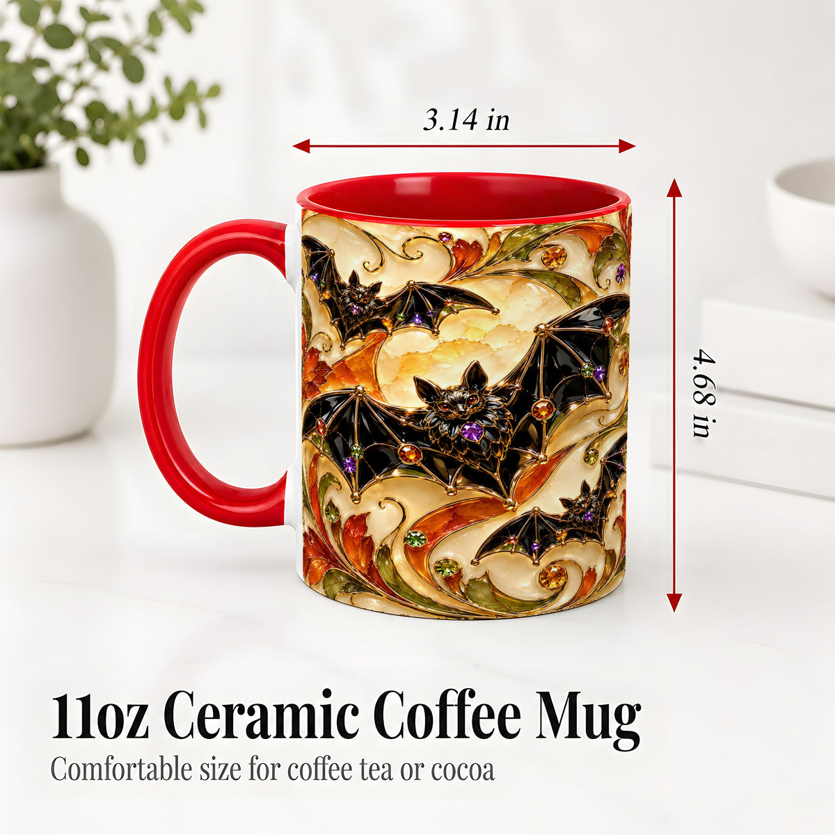 #pl[11oz|Red] Autumn Bat Ceramic Mug, Gothic Fall Vine Artwork for Bat Lovers
