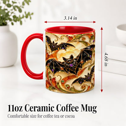 #pl[11oz|Red] Autumn Bat Ceramic Mug, Gothic Fall Vine Artwork for Bat Lovers