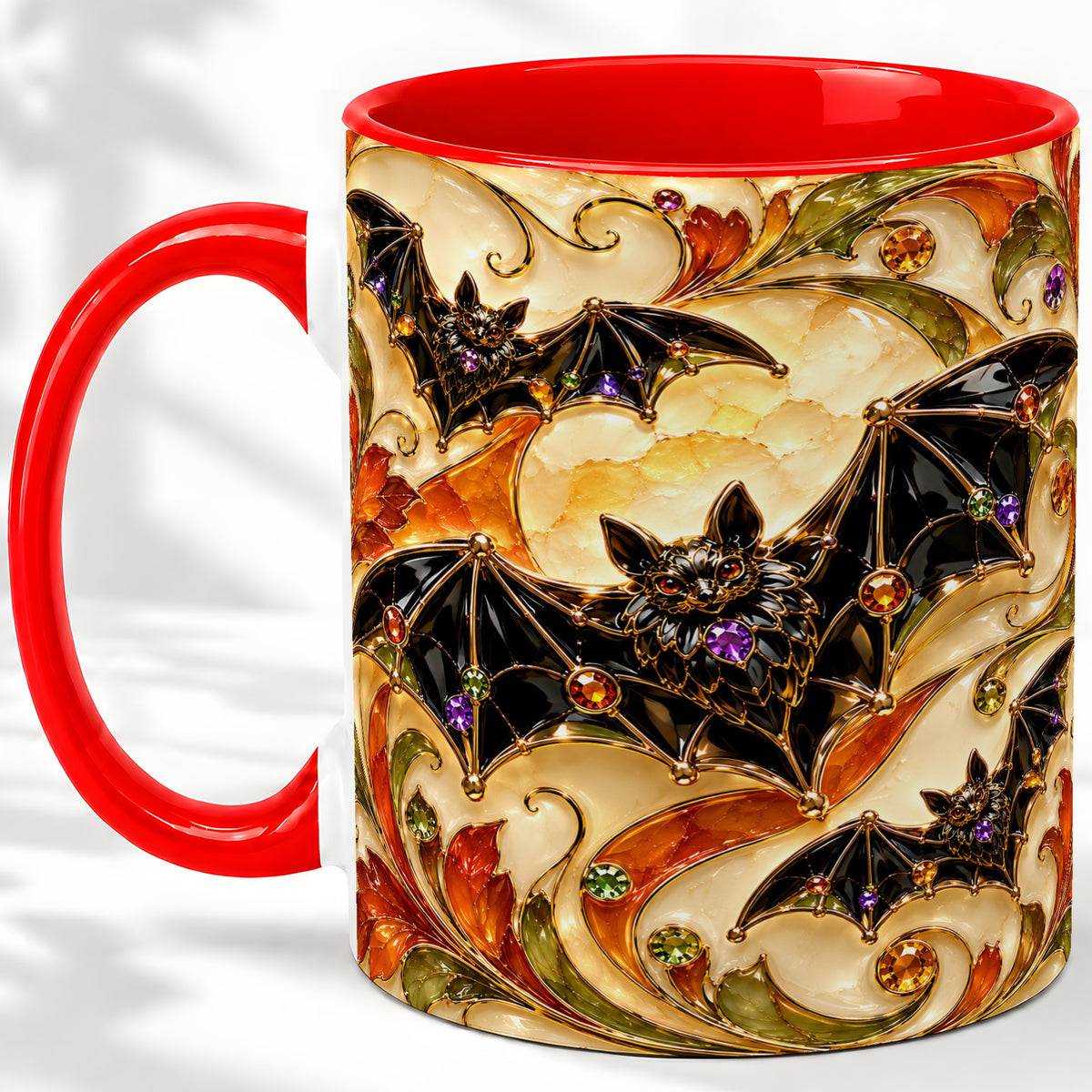 Autumn Bat Ceramic Mug, Gothic Fall Vine Artwork for Bat Lovers