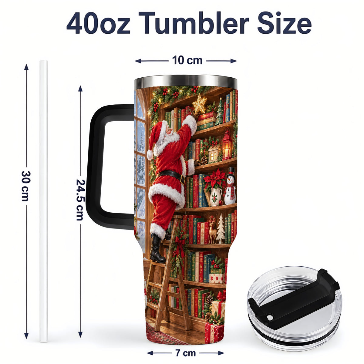#pl[40oz|Black] Santa Library Tumbler, 40oz Tumbler with Christmas Bookshelf Artwork
