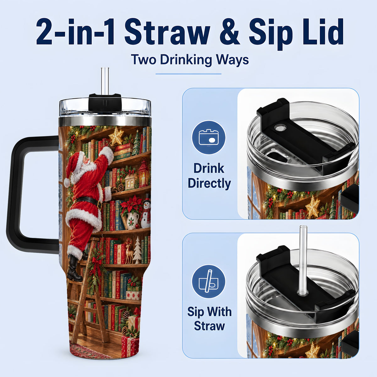 #pl[40oz|Black] Santa Library Tumbler, 40oz Tumbler with Christmas Bookshelf Artwork