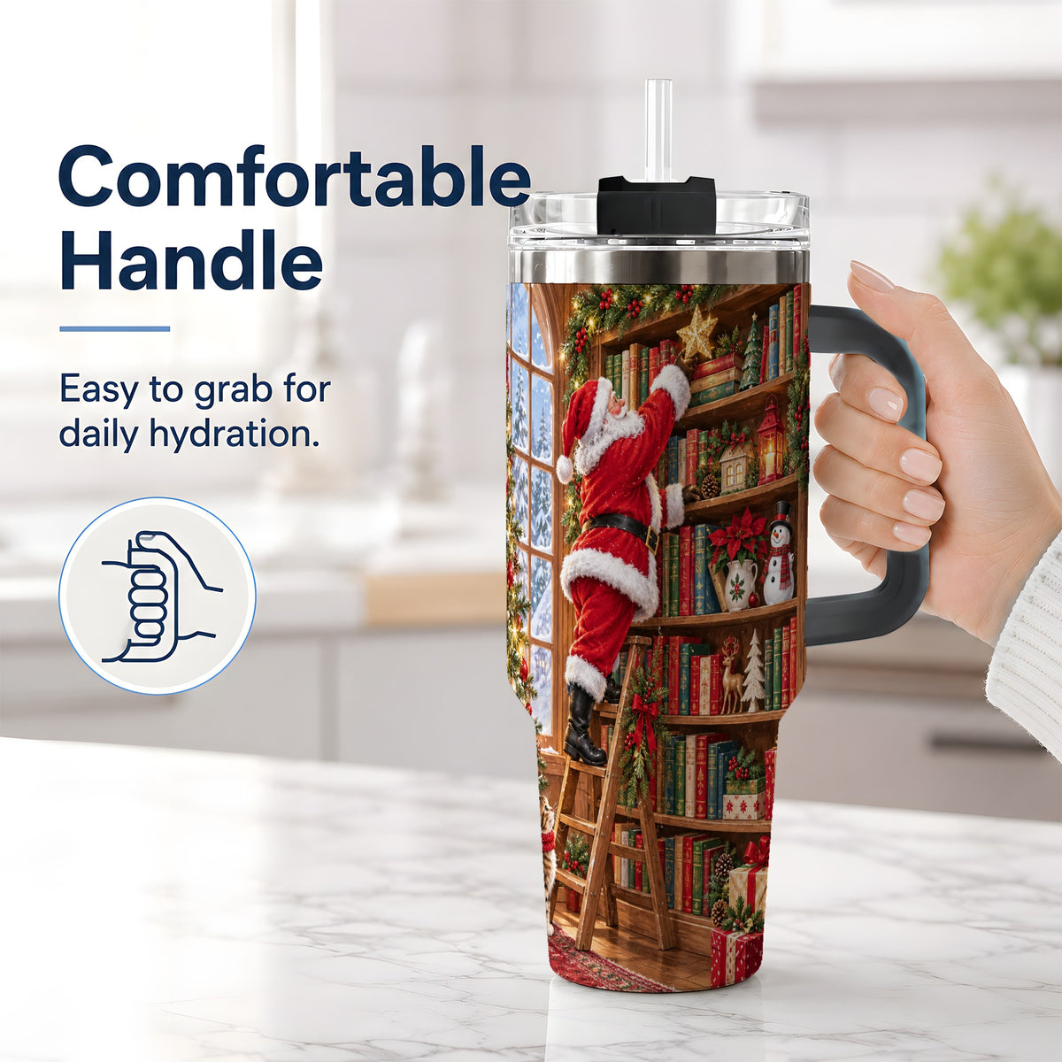 #pl[40oz|Black] Santa Library Tumbler, 40oz Tumbler with Christmas Bookshelf Artwork