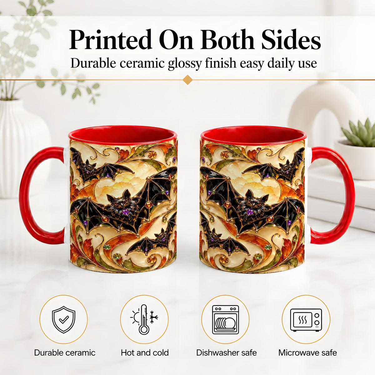 #pl[11oz|Red] Autumn Bat Ceramic Mug, Gothic Fall Vine Artwork for Bat Lovers