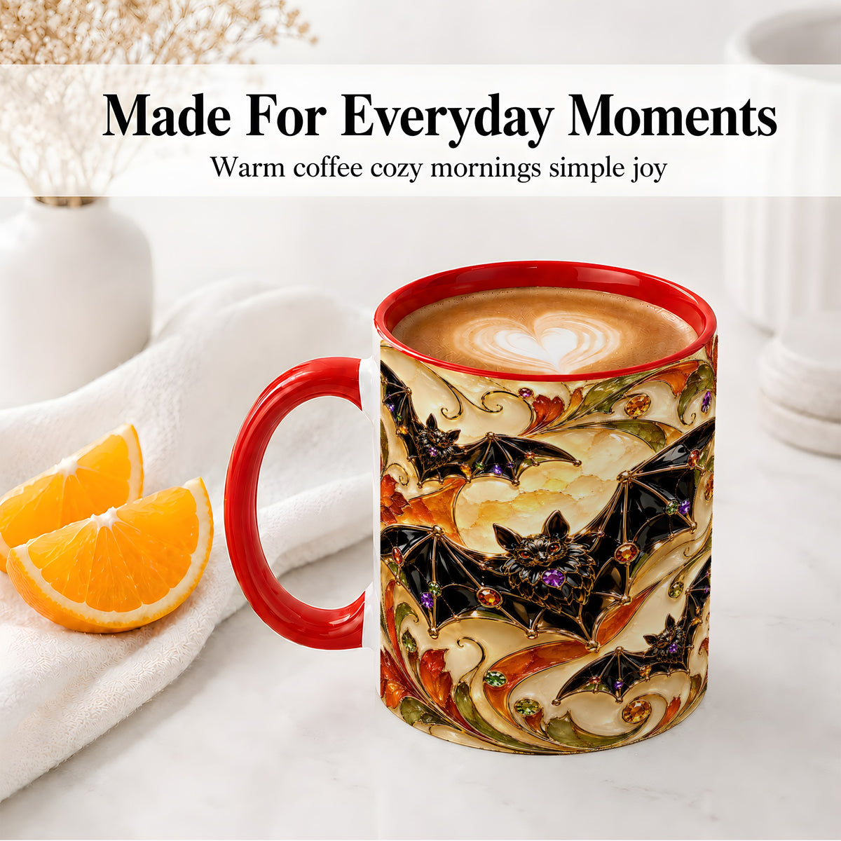 #pl[11oz|Red] Autumn Bat Ceramic Mug, Gothic Fall Vine Artwork for Bat Lovers