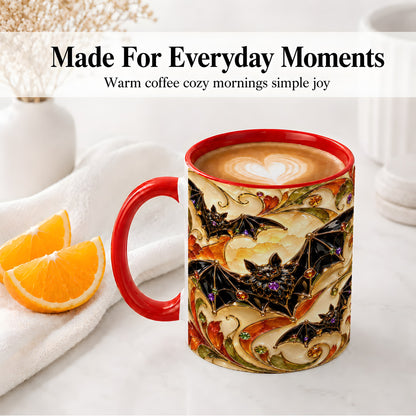 #pl[11oz|Red] Autumn Bat Ceramic Mug, Gothic Fall Vine Artwork for Bat Lovers