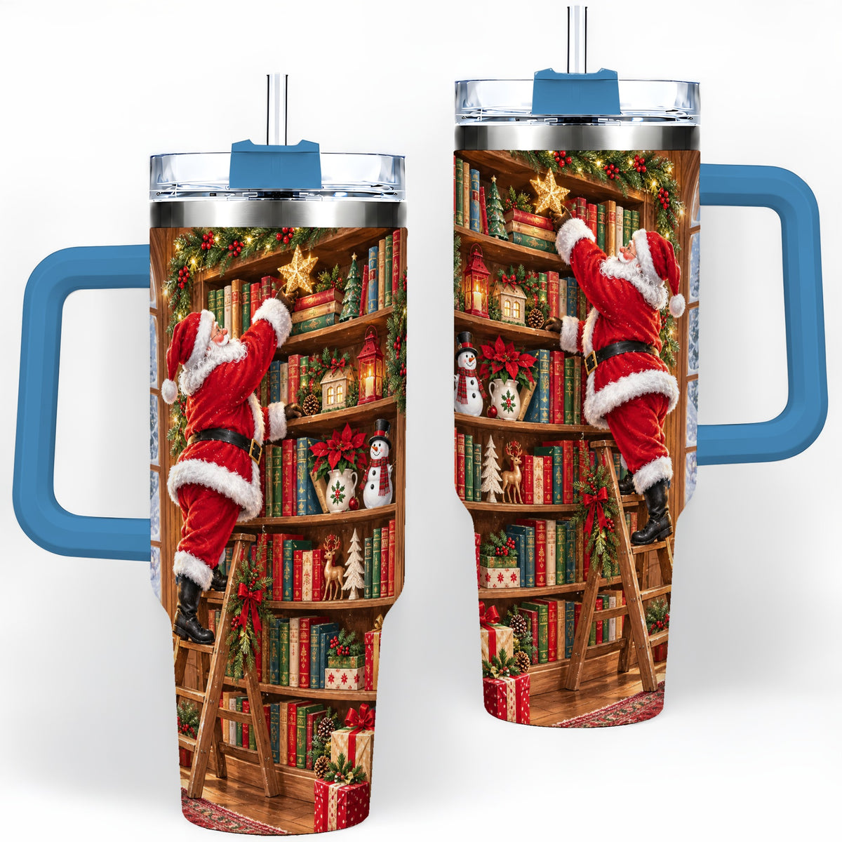 #pl[40oz|Blue] Santa Library Tumbler, 40oz Tumbler with Christmas Bookshelf Artwork