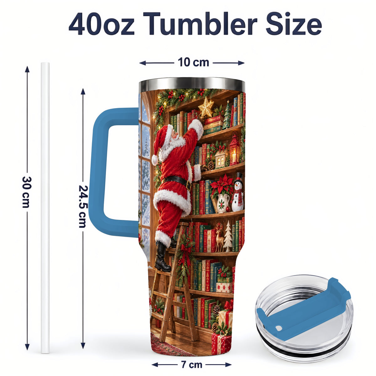 #pl[40oz|Blue] Santa Library Tumbler, 40oz Tumbler with Christmas Bookshelf Artwork