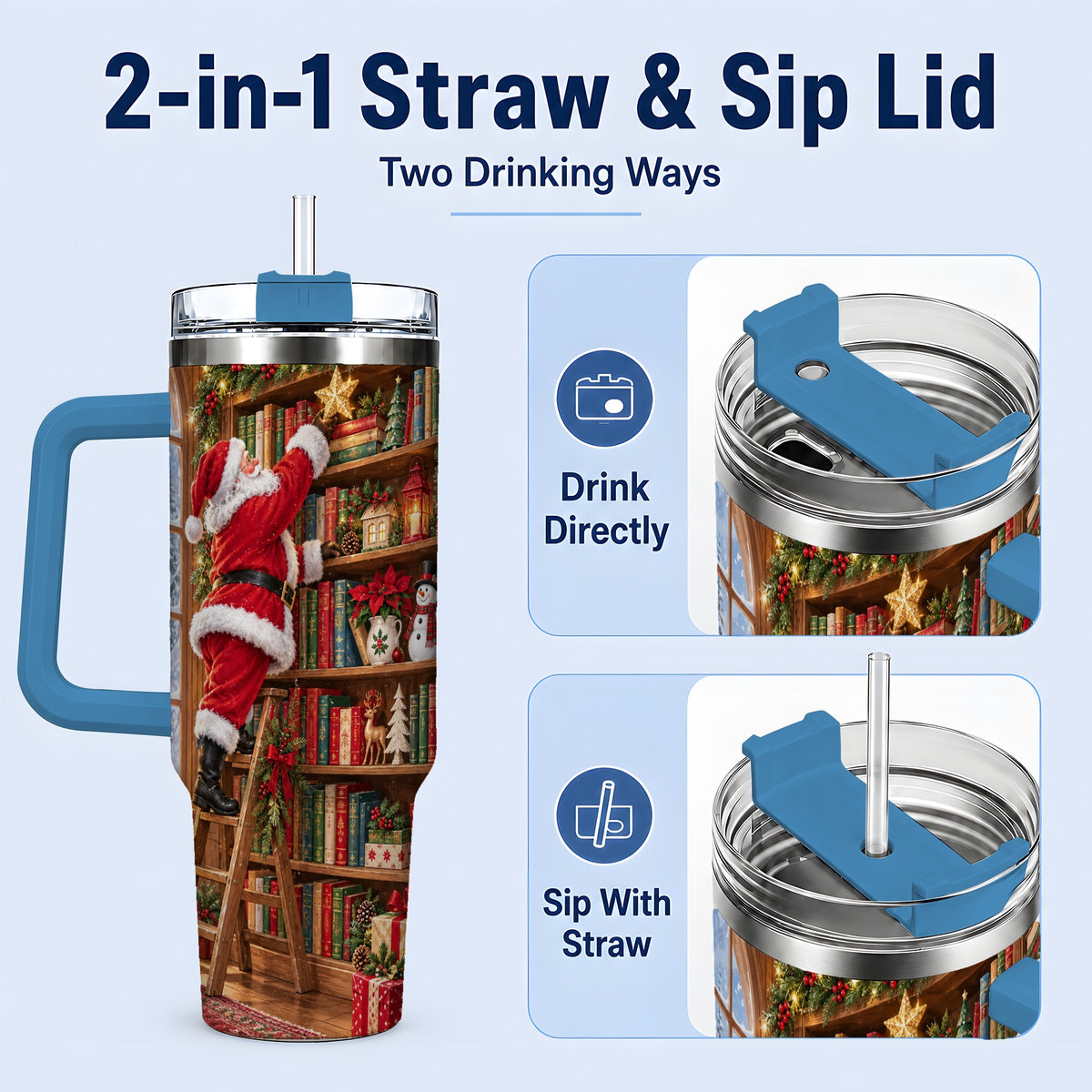 #pl[40oz|Blue] Santa Library Tumbler, 40oz Tumbler with Christmas Bookshelf Artwork