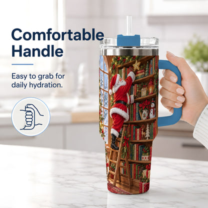 #pl[40oz|Blue] Santa Library Tumbler, 40oz Tumbler with Christmas Bookshelf Artwork