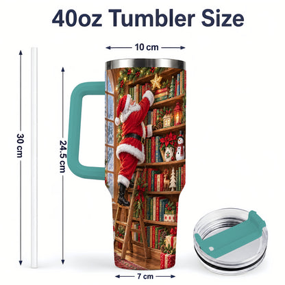 #pl[40oz|Green] Santa Library Tumbler, 40oz Tumbler with Christmas Bookshelf Artwork