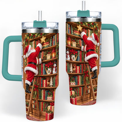 #pl[40oz|Green] Santa Library Tumbler, 40oz Tumbler with Christmas Bookshelf Artwork