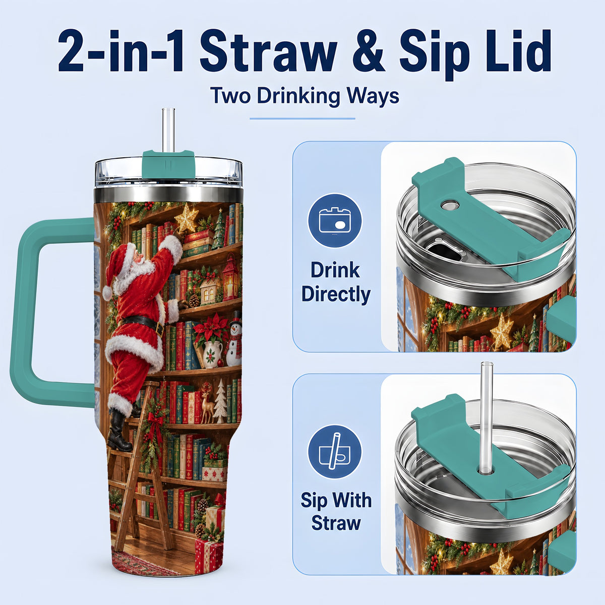 #pl[40oz|Green] Santa Library Tumbler, 40oz Tumbler with Christmas Bookshelf Artwork