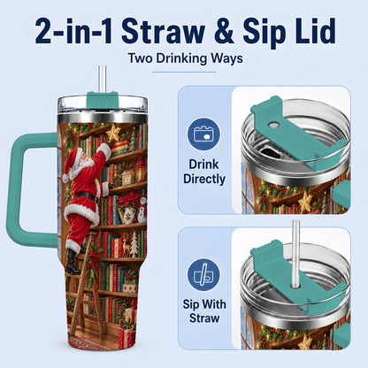 #pl[40oz|Green] Santa Library Tumbler, 40oz Tumbler with Christmas Bookshelf Artwork