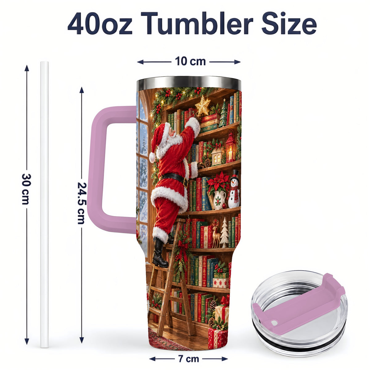 #pl[40oz|Pink] Santa Library Tumbler, 40oz Tumbler with Christmas Bookshelf Artwork