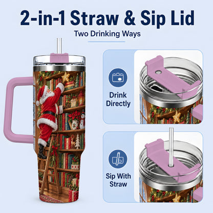 #pl[40oz|Pink] Santa Library Tumbler, 40oz Tumbler with Christmas Bookshelf Artwork