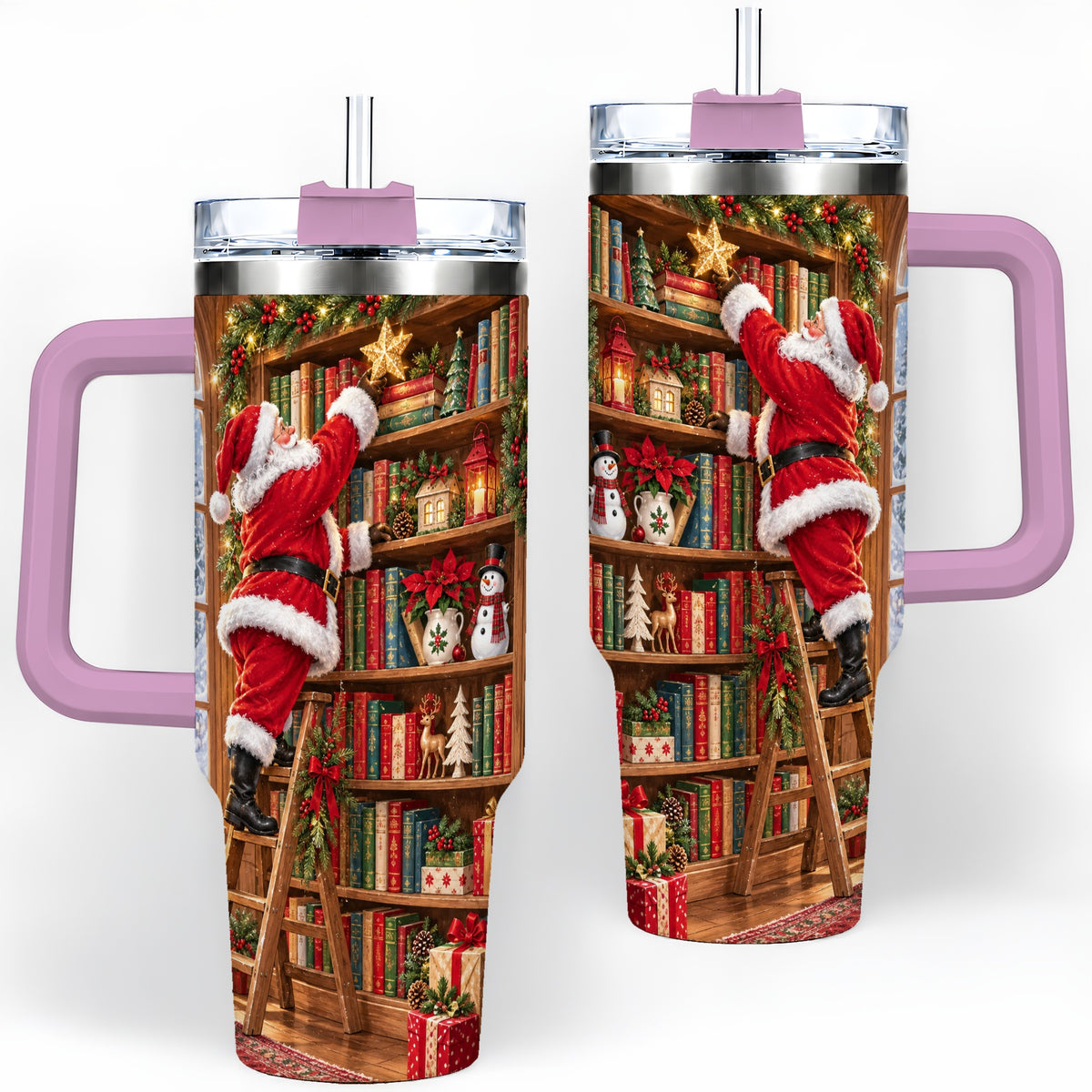 #pl[40oz|Pink] Santa Library Tumbler, 40oz Tumbler with Christmas Bookshelf Artwork