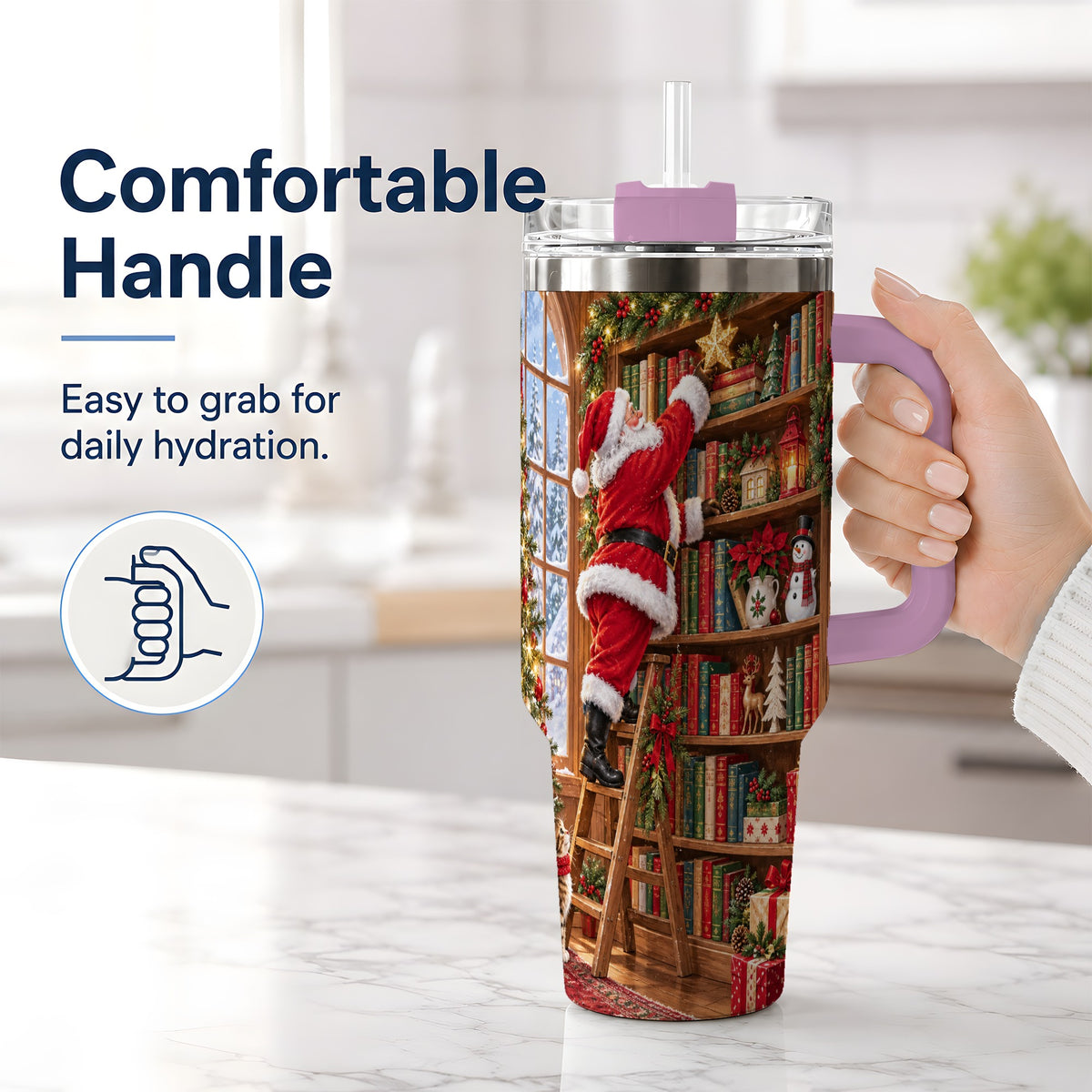 #pl[40oz|Pink] Santa Library Tumbler, 40oz Tumbler with Christmas Bookshelf Artwork