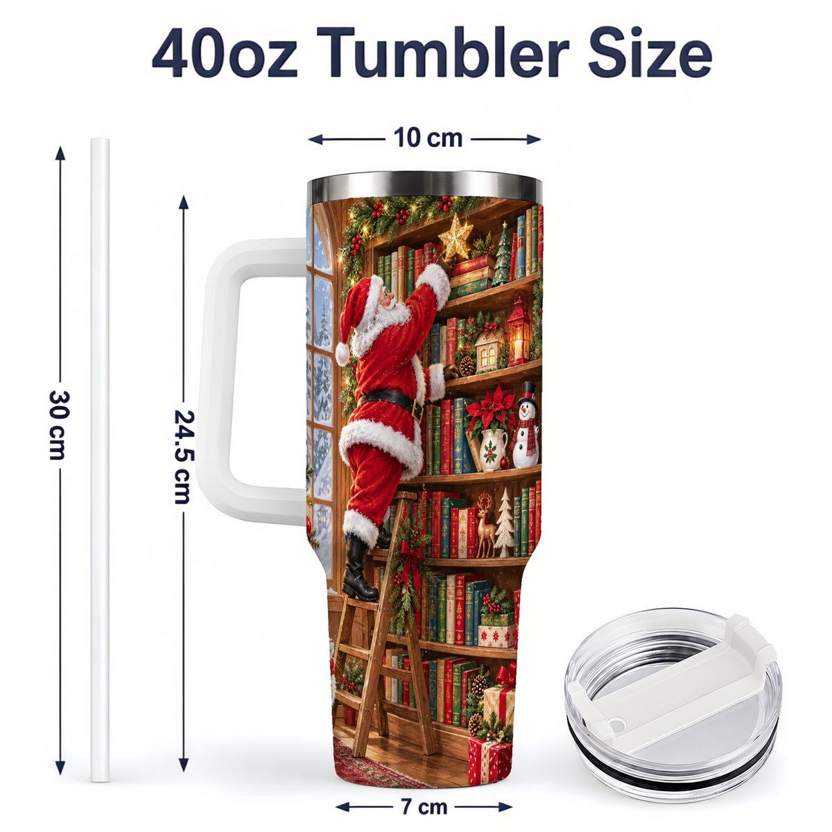 #pl[40oz|White] Santa Library Tumbler, 40oz Tumbler with Christmas Bookshelf Artwork
