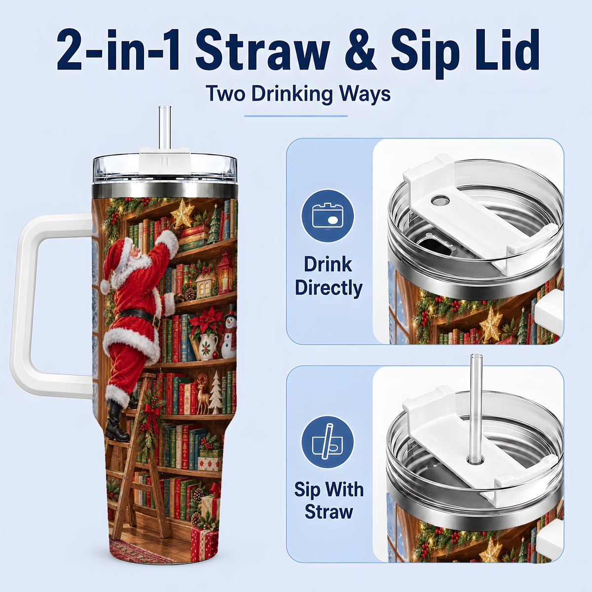 #pl[40oz|White] Santa Library Tumbler, 40oz Tumbler with Christmas Bookshelf Artwork