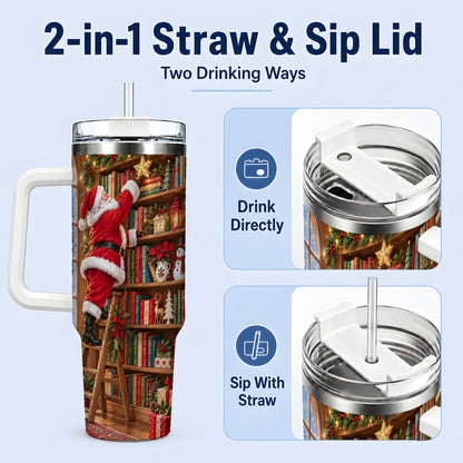#pl[40oz|White] Santa Library Tumbler, 40oz Tumbler with Christmas Bookshelf Artwork