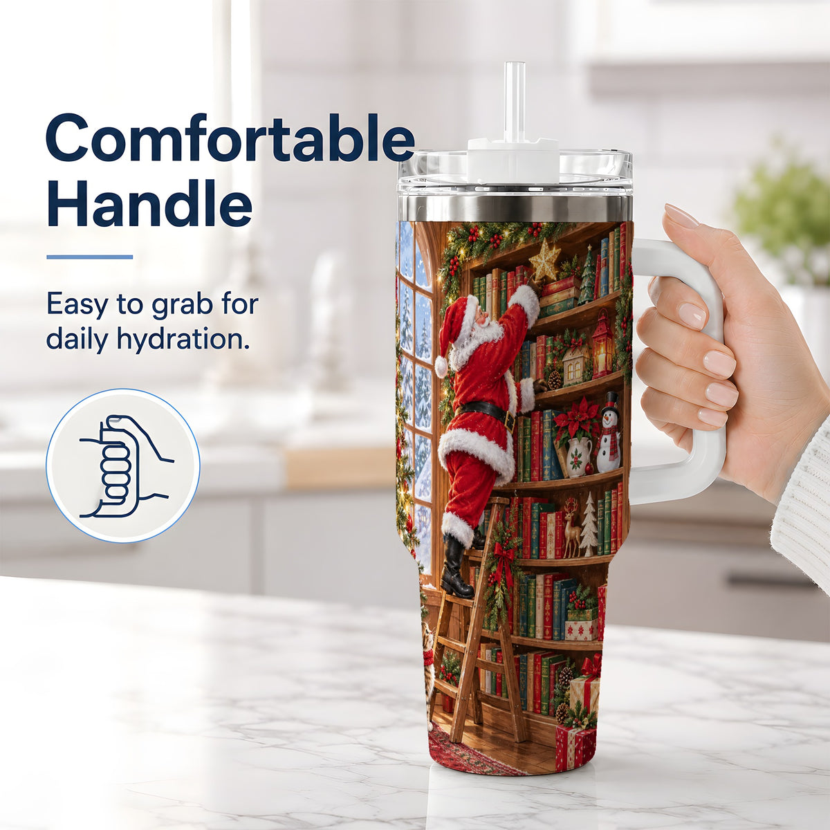 #pl[40oz|White] Santa Library Tumbler, 40oz Tumbler with Christmas Bookshelf Artwork