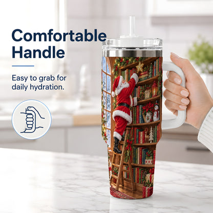 #pl[40oz|White] Santa Library Tumbler, 40oz Tumbler with Christmas Bookshelf Artwork