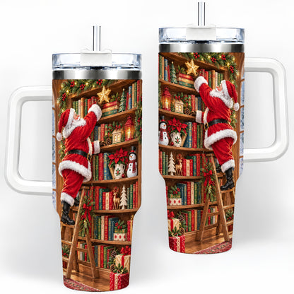 Santa Library Tumbler, 40oz Tumbler with Christmas Bookshelf Artwork