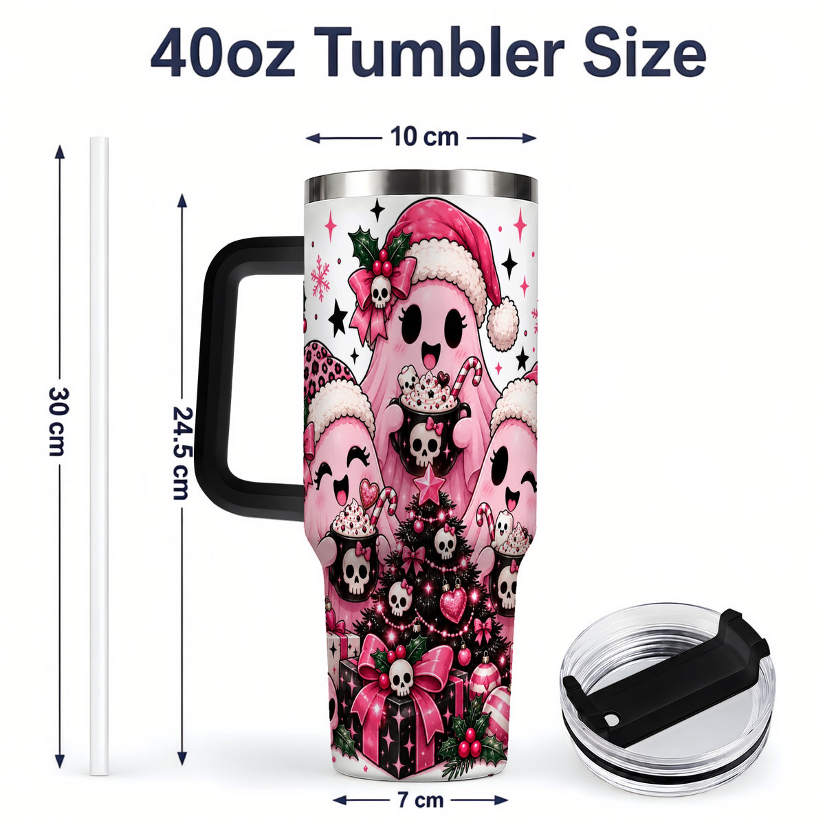 #pl[40oz|Black] Pink Gothic Christmas Ghost 40oz Tumbler, Skull Holiday Drinkware