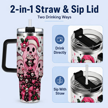 #pl[40oz|Black] Pink Gothic Christmas Ghost 40oz Tumbler, Skull Holiday Drinkware