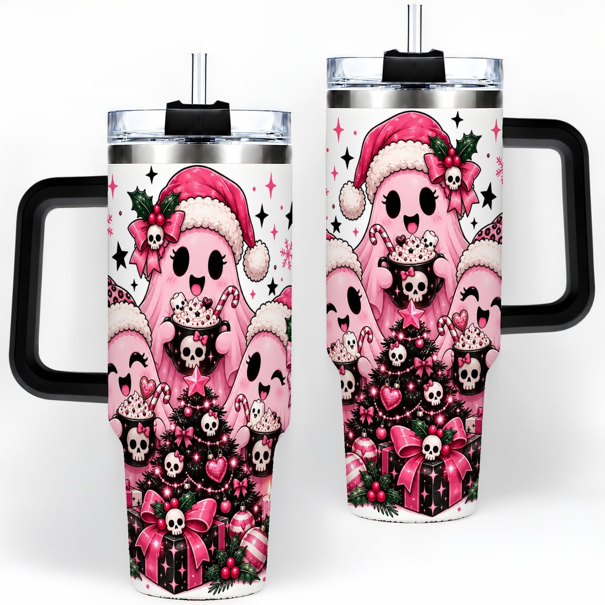 #pl[40oz|Black] Pink Gothic Christmas Ghost 40oz Tumbler, Skull Holiday Drinkware