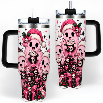 #pl[40oz|Black] Pink Gothic Christmas Ghost 40oz Tumbler, Skull Holiday Drinkware
