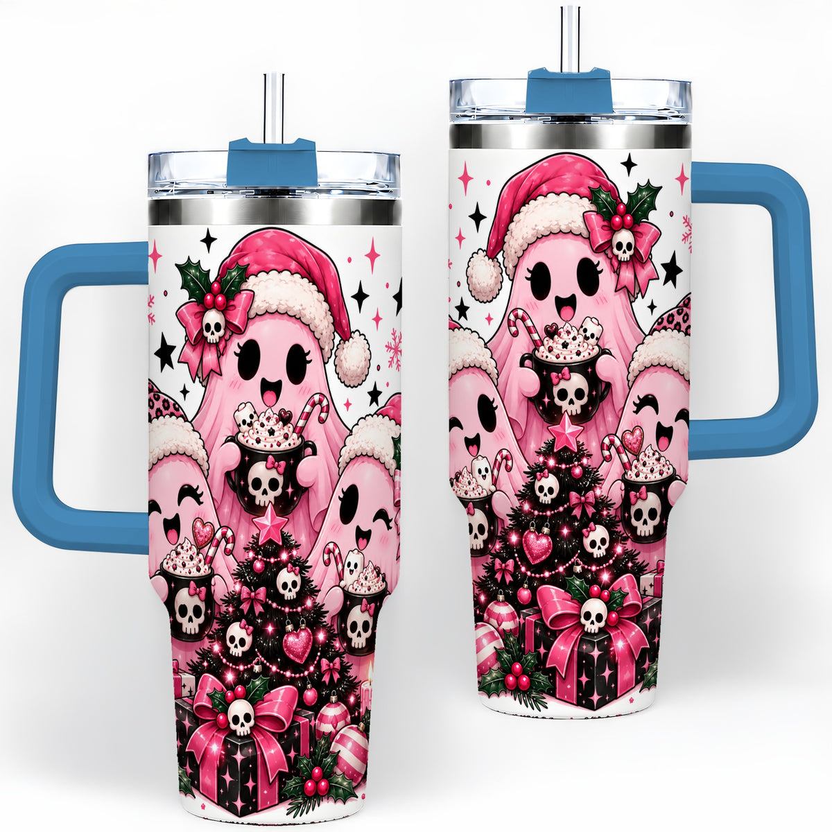 #pl[40oz|Blue] Pink Gothic Christmas Ghost 40oz Tumbler, Skull Holiday Drinkware