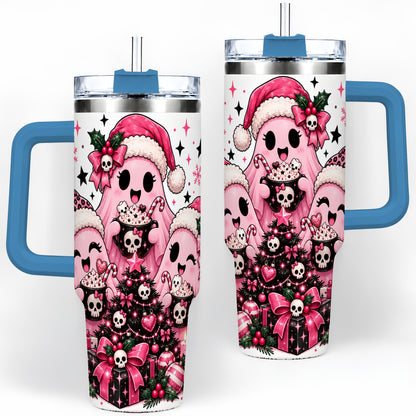 #pl[40oz|Blue] Pink Gothic Christmas Ghost 40oz Tumbler, Skull Holiday Drinkware