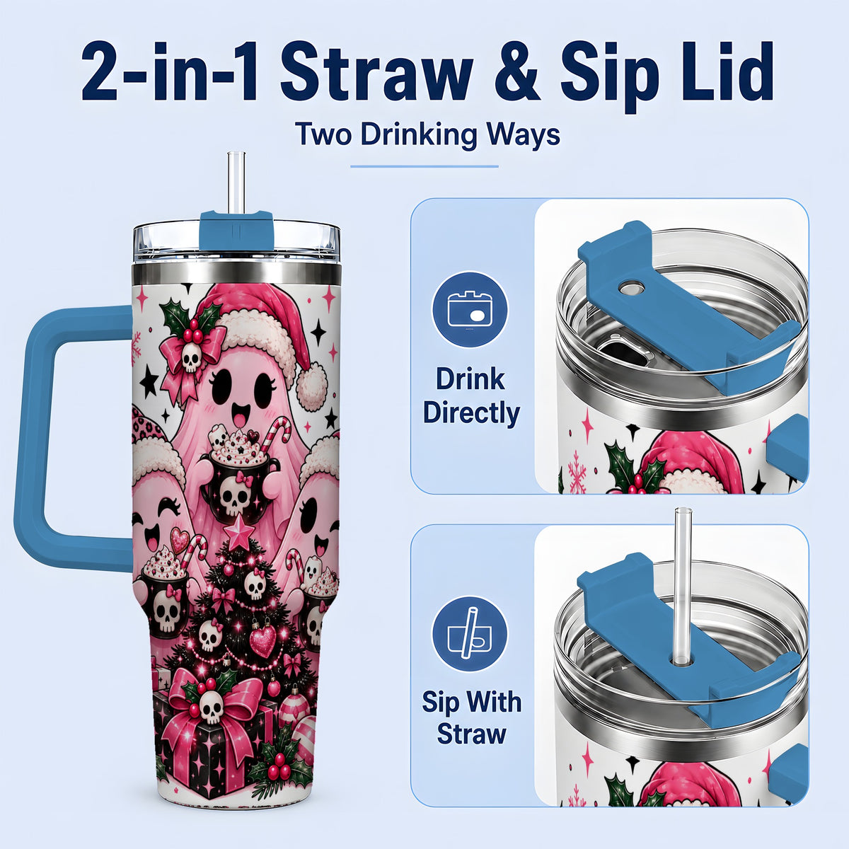 #pl[40oz|Blue] Pink Gothic Christmas Ghost 40oz Tumbler, Skull Holiday Drinkware