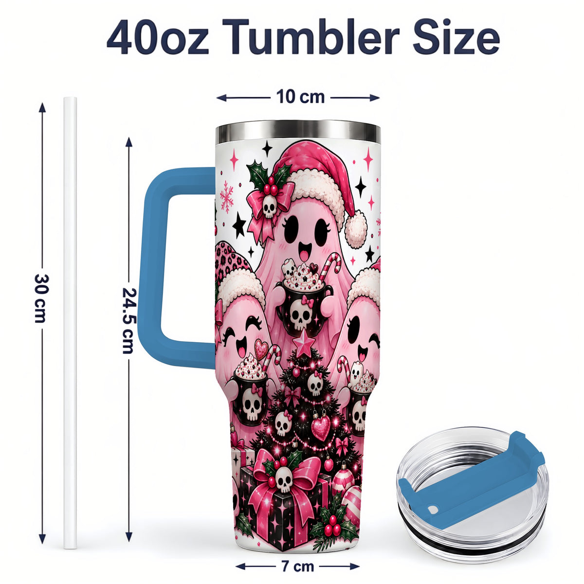 #pl[40oz|Blue] Pink Gothic Christmas Ghost 40oz Tumbler, Skull Holiday Drinkware
