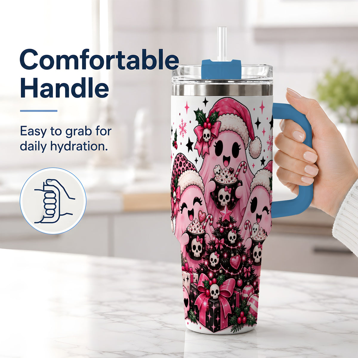 #pl[40oz|Blue] Pink Gothic Christmas Ghost 40oz Tumbler, Skull Holiday Drinkware