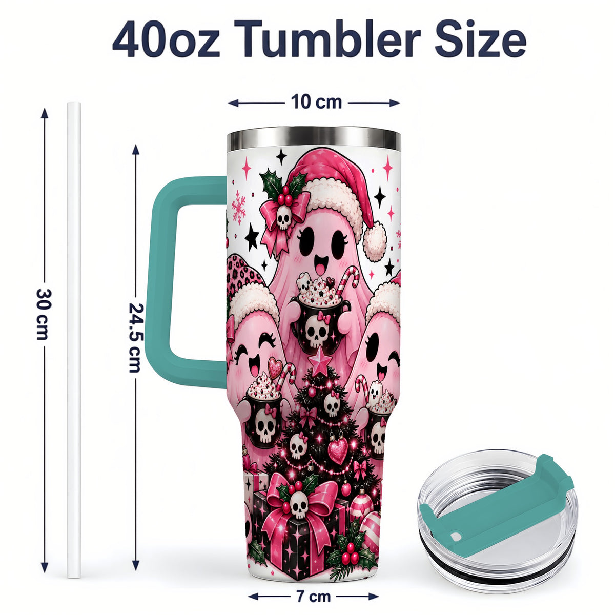 #pl[40oz|Green] Pink Gothic Christmas Ghost 40oz Tumbler, Skull Holiday Drinkware